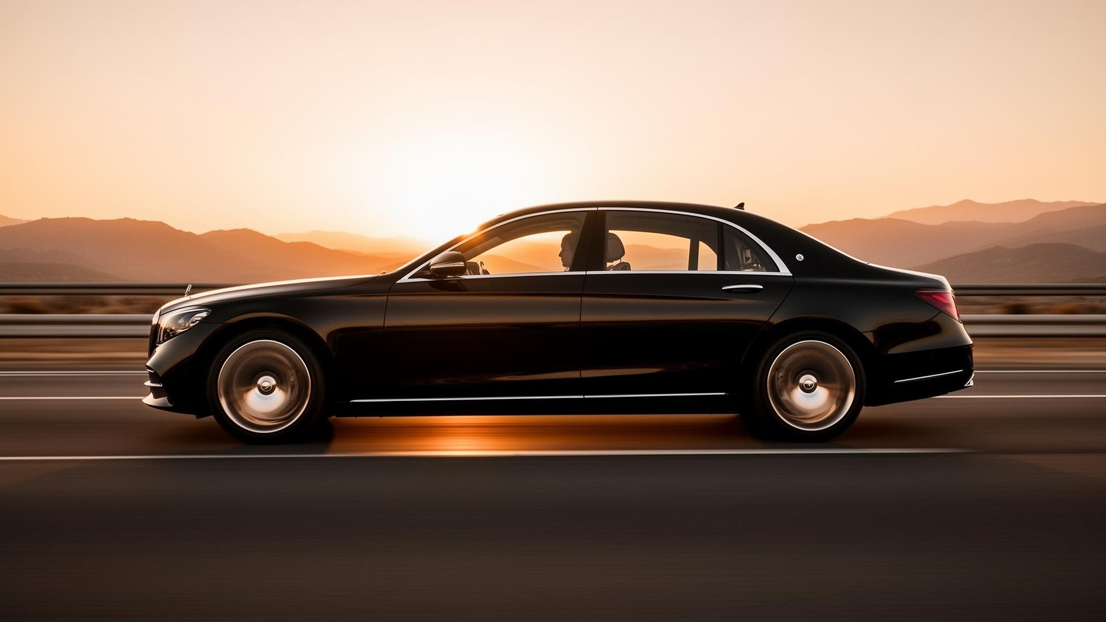 Premium luxury sedan on a scenic highway at golden hour